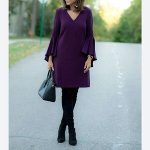 ELIZA J plum colored V-neck dress with bell sleeves-LIKE NEW